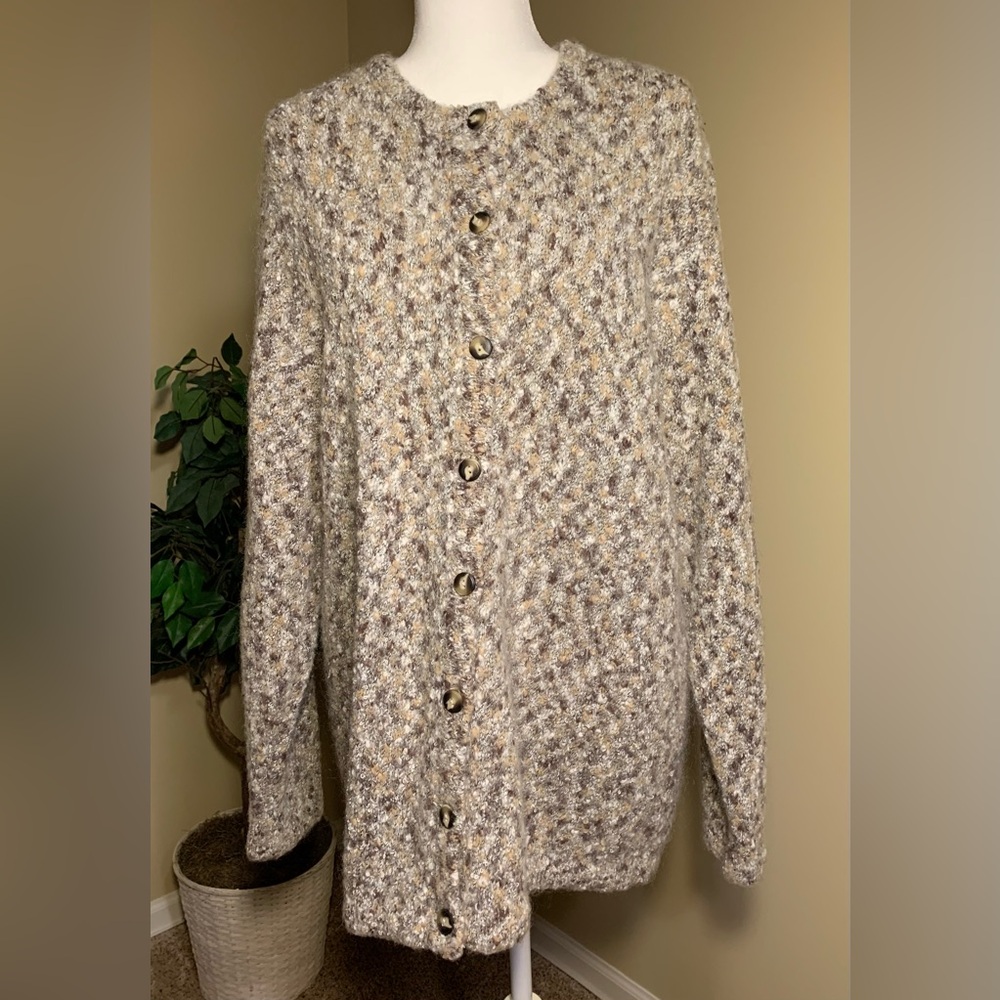 EUC Long Sweater: Mohair Knit, Nubby Boucle Cardigan, Gray/Cream, Tunic Length
